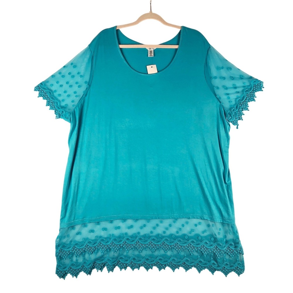 NWT Kaktus Swiss Dot Crochet Lace Top Women XXXL Teal Blue Short Sleeve Crochet